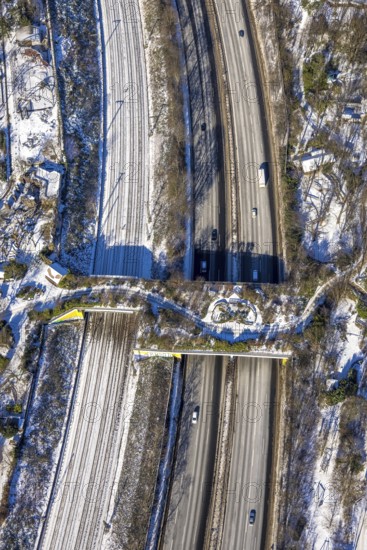Aerial view, pedestrian bridge and green bridge at the zoo over the A3 motorway, Duissern,