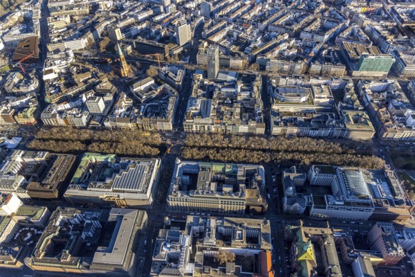 Aerial view, office buildings and commercial buildings on the Kö and evang. Johanneskirche in the