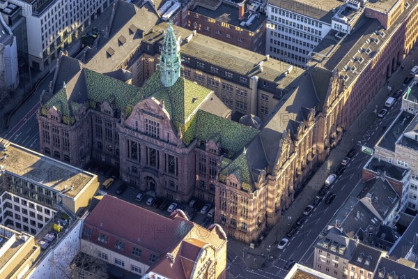 Aerial view, administrative court Düsseldorf with green roof in city centre in Düsseldorf,