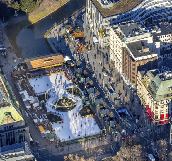 Aerial view, DEG-Winterwelt ice skating rink on the Kö at Corneliusplatz, city centre, Düsseldorf,