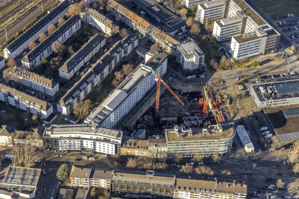 Aerial view, construction site at the corner of Mercedesstraße and Münsterstraße with new