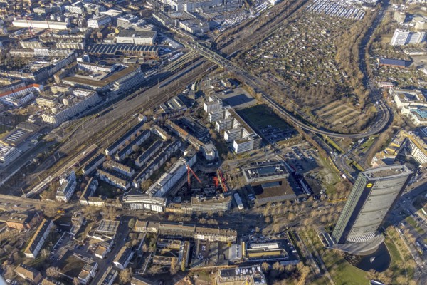 Aerial view, ARAG Tower with construction site on Mercedesstraße with new construction of an office