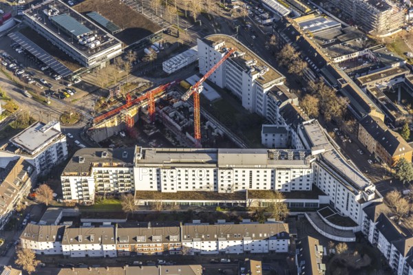Aerial view, construction site at the corner of Mercedesstraße and Münsterstraße with new