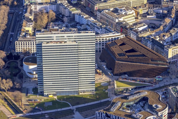 Aerial view, Dreischeibenhaus and Düsseldorfer Schauspielhaus as well as business centre Kö Bogen