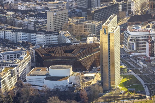 Aerial view, Dreischeibenhaus and Düsseldorfer Schauspielhaus as well as business centre Kö Bogen
