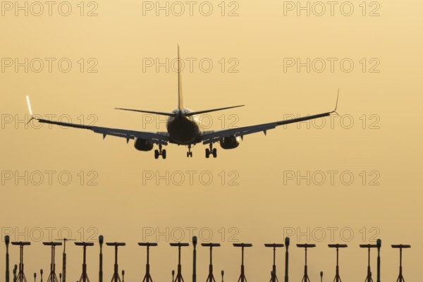 Boeing 737 jet passenger aircraft of Ryanair airlines landing over runway lights at sunset, London