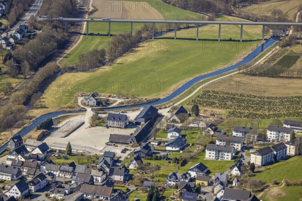 Aerial view, Ruhr river, Ruhr valley bridge Velmede, hydroelectric power station Velmede, Norbert