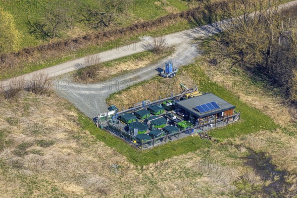 Aerial view, storage area Oststraße in the Ruhrauen, fish farm ?, Bestwig, Sauerland, North