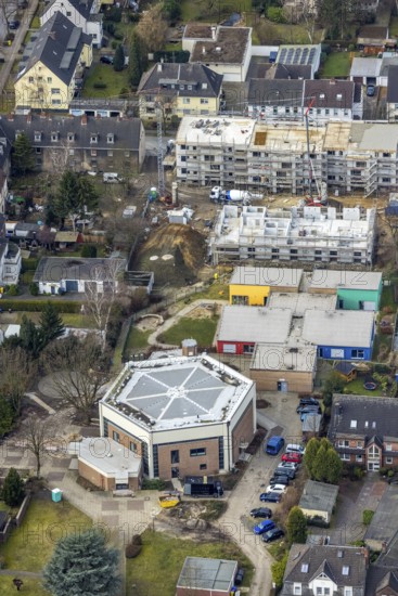Aerial view, church St. Johannes, catholic kindergarten St. Johannes, construction site new