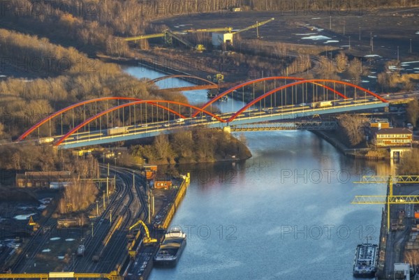 Aerial view, Rhine-Herne Canal A42 bridge in the district of Ebel in Bottrop, Ruhr area, North