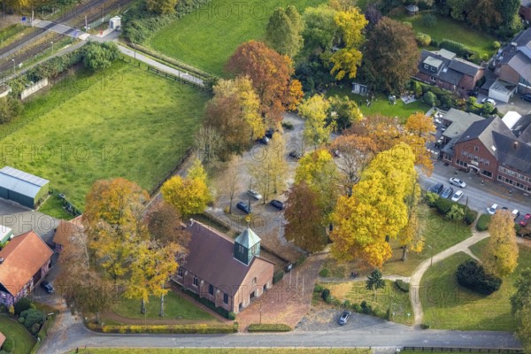 Aerial view, St. Mary's Assumption Church and Berger Inn at Beck Castle in the Kirchhellen-Nord-Ost