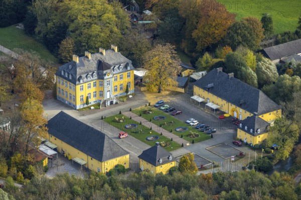 Aerial view, amusement park Schloss Beck with fairground rides in the district Kirchhellen-Nord-Ost