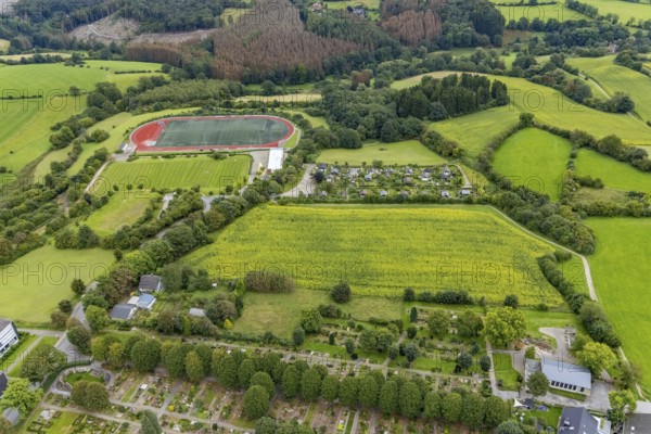 Aerial view, meadows and fields at the Klevinghauser Straße between cemetery and sports field in