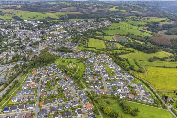 Aerial view, housing estate with playground on Frankfurter Straße in Breckerfeld, Sauerland, North