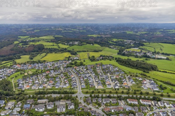 Aerial view, housing estate with playground on Frankfurter Straße in Breckerfeld, Sauerland, North