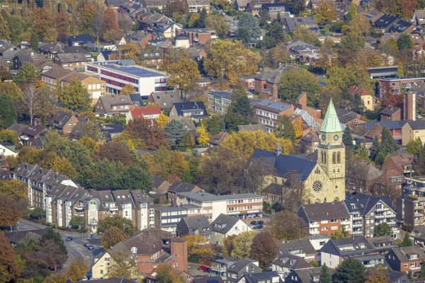 Aerial view, city centre view with catholic church St. John the Baptist in the district Kirchhellen