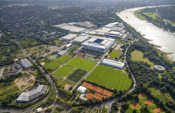 Aerial view, At the river Rhine the fair Düsseldorf with the Bundesliga stadium MERKUR SPIEL-ARENA