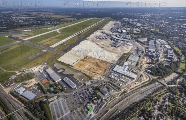 Aerial view, Düsseldorf Airport with construction site in the Lohausen district of Düsseldorf,