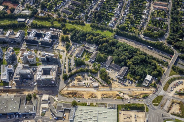 Aerial view, Federal Police Airport Road and construction site in the Unterrath district of