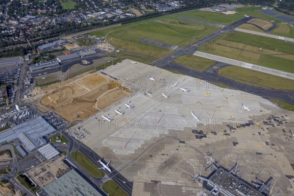 Aerial view, Düsseldorf Airport with construction site in the Lohausen district of Düsseldorf,