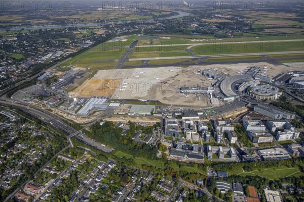 Aerial view, Düsseldorf Airport with construction site in the Lohausen district of Düsseldorf,
