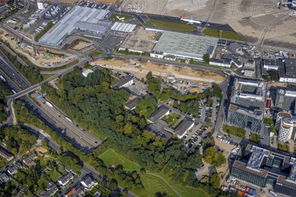 Aerial view, Federal Police Airport Road and construction site in the Unterrath district of