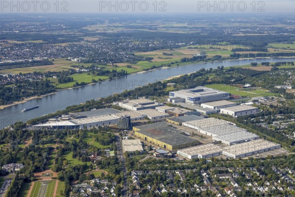Aerial view, At the river Rhine the fair Düsseldorf with the Bundesliga stadium MERKUR SPIEL-ARENA
