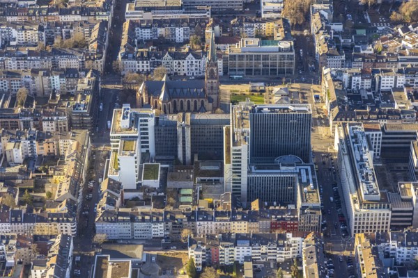 Aerial view, office buildings and commercial buildings Friedrichstraße with the catholic church St.