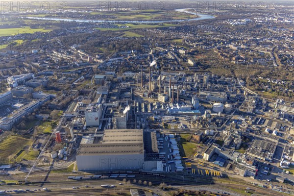 Aerial view, factory premises of Henkel AG in the Holthausen district of Düsseldorf, Rhineland,
