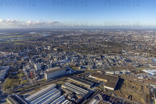 Aerial view, factory premises of Henkel AG in the Holthausen district of Düsseldorf, Rhineland,