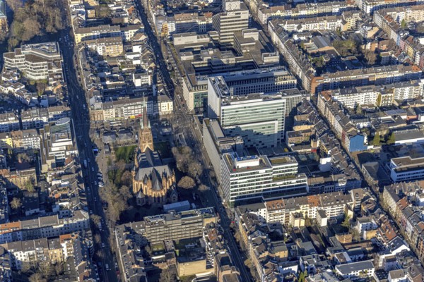 Aerial view, office buildings and commercial buildings Friedrichstraße with the catholic church St.