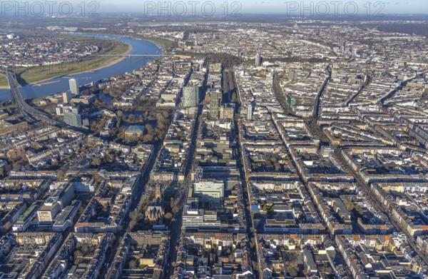 Aerial view, office buildings and commercial buildings Friedrichstraße with the catholic church St.