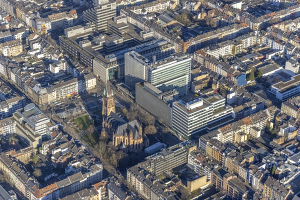 Aerial view, office buildings and commercial buildings Friedrichstraße with the catholic church St.