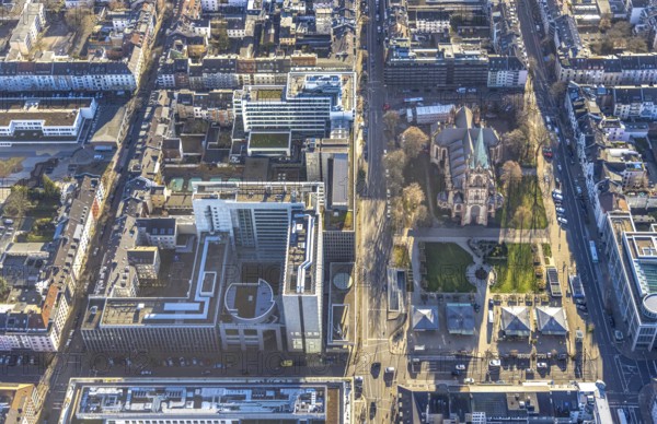 Aerial view, office buildings and commercial buildings Friedrichstraße with the catholic church St.