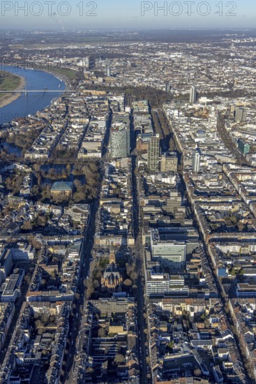 Aerial view, office buildings and commercial buildings Friedrichstraße with the catholic church St.