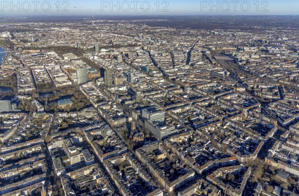 Aerial view, office buildings and commercial buildings Friedrichstraße with the catholic church St.