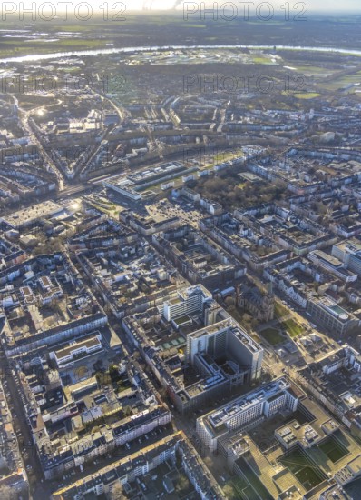 Aerial view, office buildings and commercial buildings Friedrichstraße with the catholic church St.