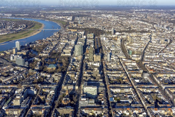 Aerial view, office buildings and commercial buildings Friedrichstraße with the catholic church St.