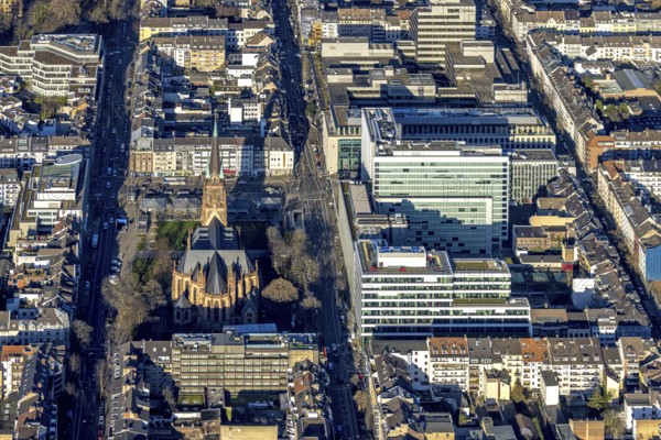 Aerial view, office buildings and commercial buildings Friedrichstraße with the catholic church St.