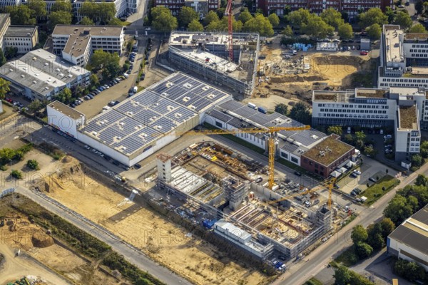 Aerial view, construction site at Marlene-Dietrich-Straße in Hansapark in the district Heerdt in