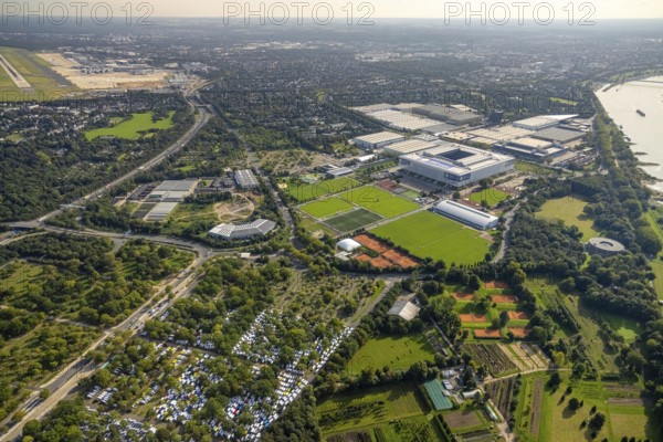 Aerial view, Caravan Center Campsite at the fairground and Messe Düsseldorf with the Bundesliga