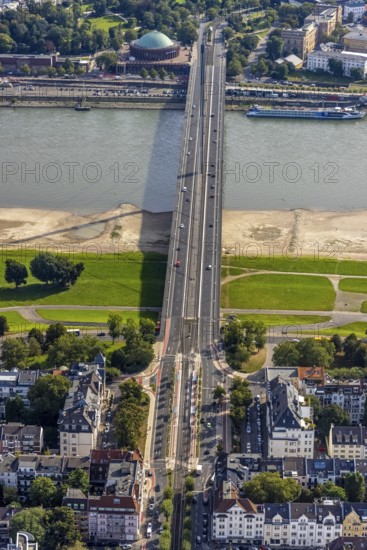 Aerial view, Oberkasseler Brücke over the river Rhine and Tonhalle in the district Altstadt in