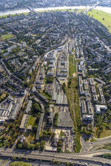 Aerial view, new development area Quartier Belsenpark and new office complex in the Oberkassel