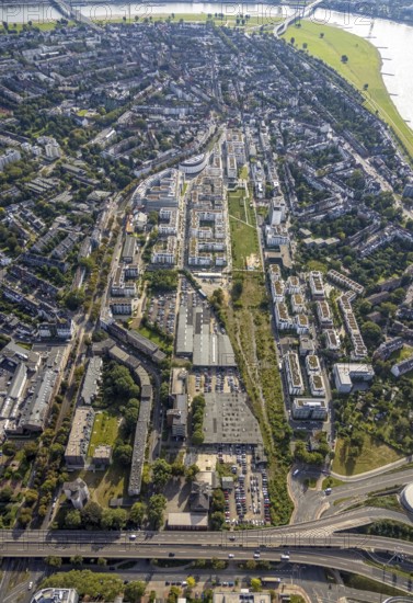 Aerial view, new development area Quartier Belsenpark and new office complex in the Oberkassel