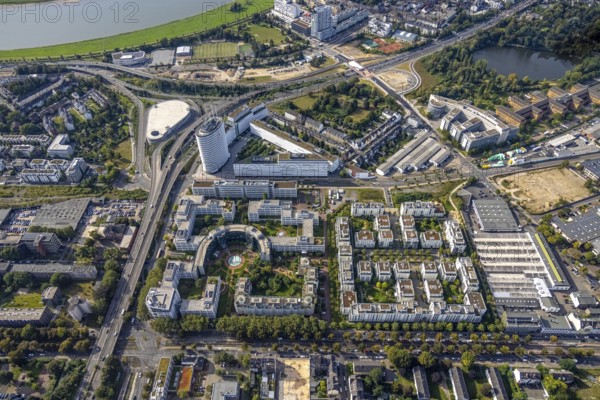 Aerial view, Vodafone Campus and Prinzenpark in the district Heerdt in Düsseldorf, Rhineland, North