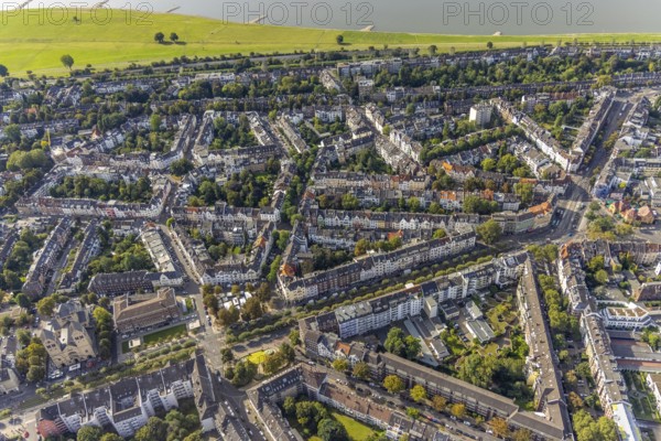 Aerial view, residential area Luegallee with Belsenplatz and Barbarossaplatz in the district