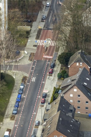 Aerial view, residential area shopping street construction site Schneiderstraße, new pedestrian
