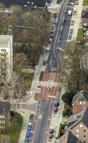 Aerial view, residential area shopping street construction site Schneiderstraße, new pedestrian