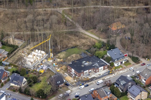 Aerial view, construction site kindergarten at Horsthofstraße, Bottrop-Kirchhellen, Ruhr area,