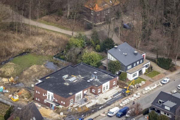 Aerial view, construction site kindergarten at Horsthofstraße, Bottrop-Kirchhellen, Ruhr area,